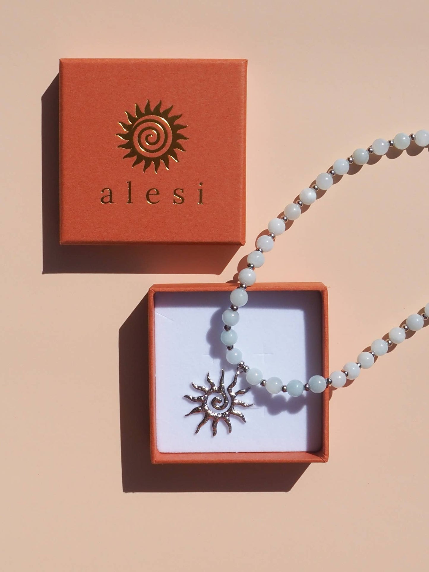 Spiral Sun Blue Beaded Gemstone Necklace : (Gold) 18K Gold over Stainless Steel / 16"