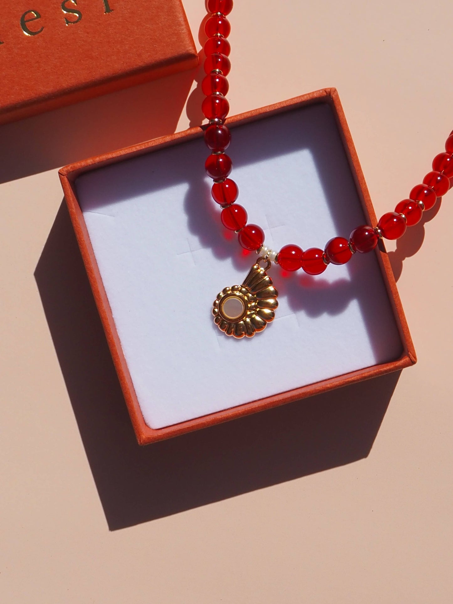 Spiral Shell Mother of Pearl Red Beaded Necklace : (Gold) 18K Gold over Stainless Steel