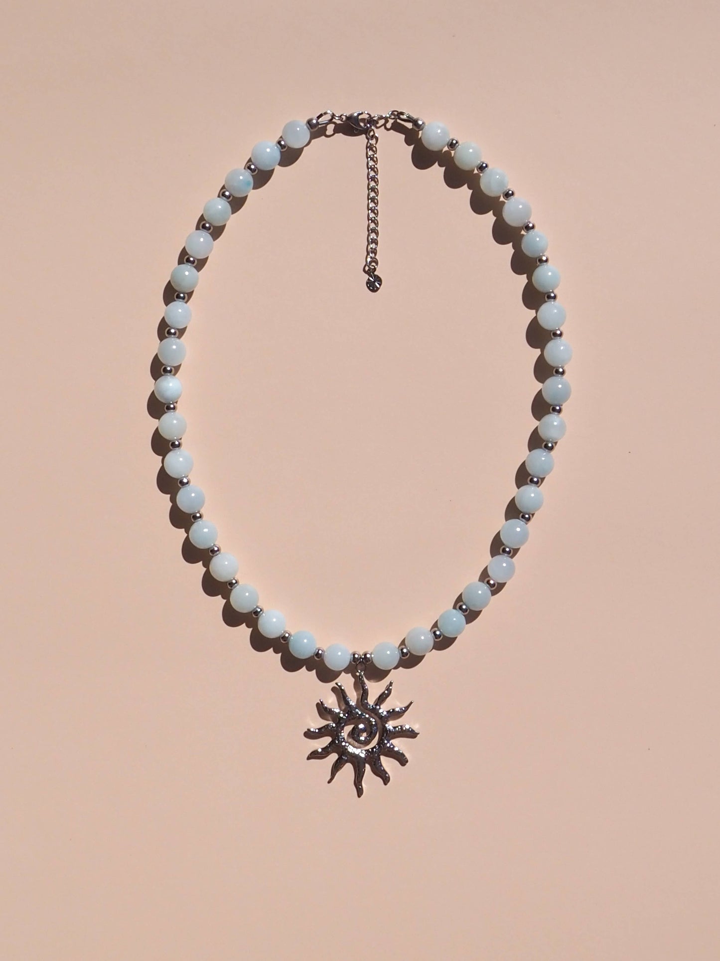 Spiral Sun Blue Beaded Gemstone Necklace : (Gold) 18K Gold over Stainless Steel / 16"