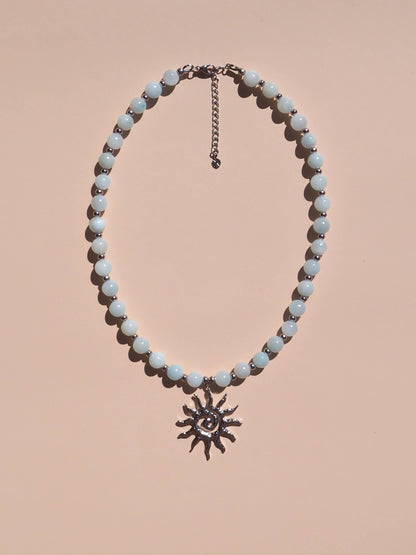 Spiral Sun Blue Beaded Gemstone Necklace : (Gold) 18K Gold over Stainless Steel / 16"