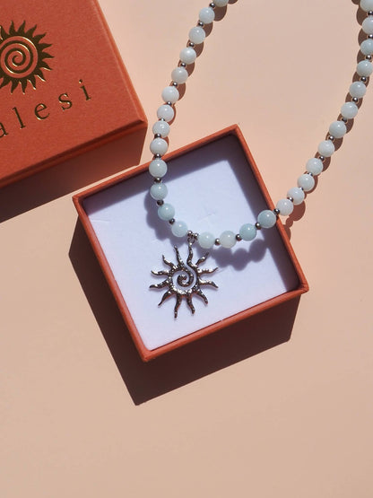 Spiral Sun Blue Beaded Gemstone Necklace : (Gold) 18K Gold over Stainless Steel / 16"