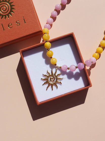Spiral Sun Pink and Yellow Beaded Gemstone Necklace : (Gold) 18K Gold over Stainless Steel
