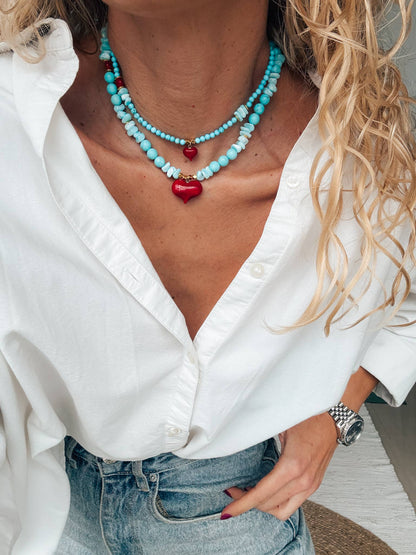 Semiprecious howlite turquoise beads necklace with red heart: Small heart