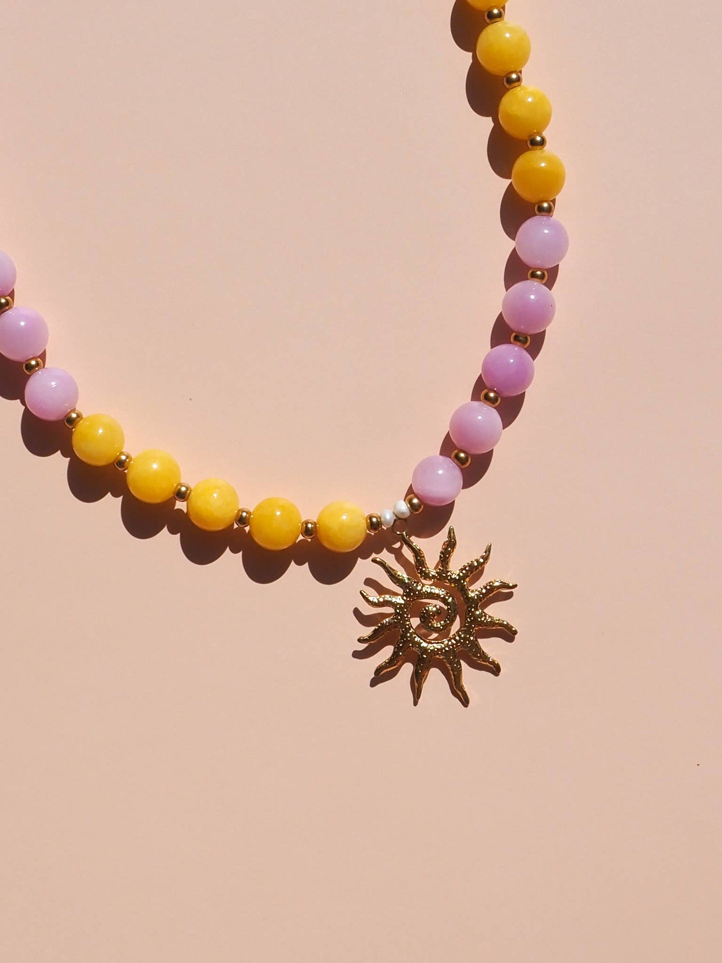 Spiral Sun Pink and Yellow Beaded Gemstone Necklace : (Gold) 18K Gold over Stainless Steel
