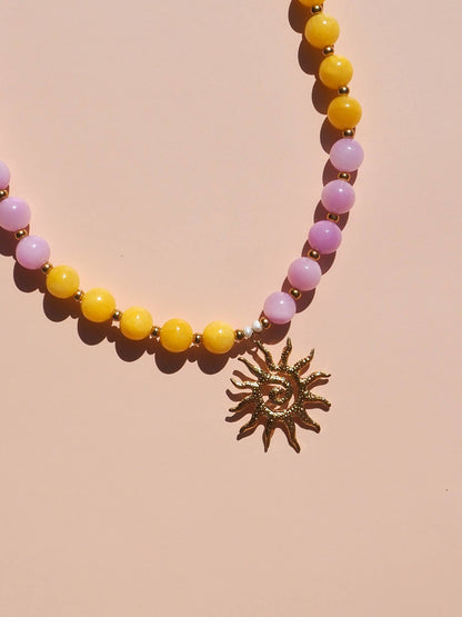 Spiral Sun Pink and Yellow Beaded Gemstone Necklace : (Gold) 18K Gold over Stainless Steel