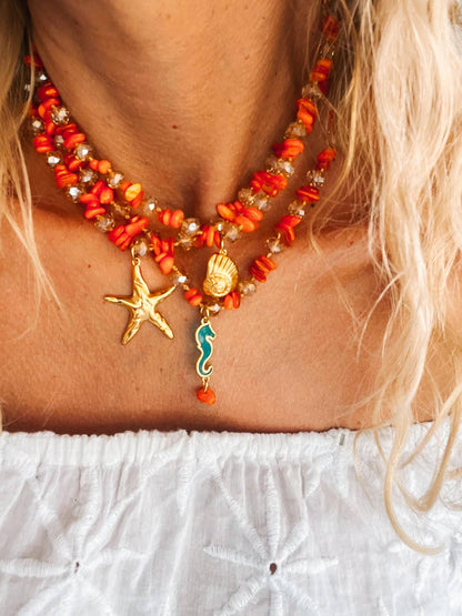 Orange beaded semiprecious chips necklaces: Starfish