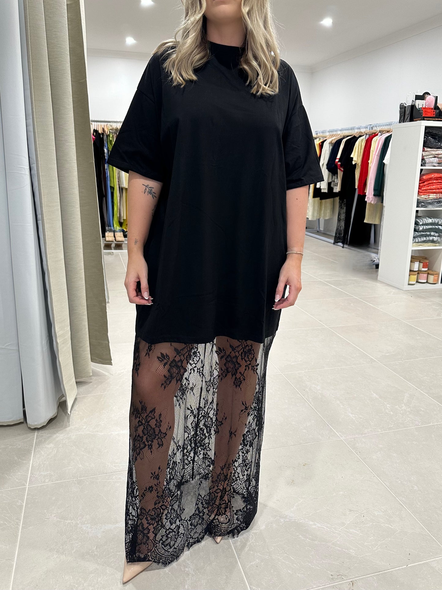 Lace T-Shirt Maxi Dress - Black