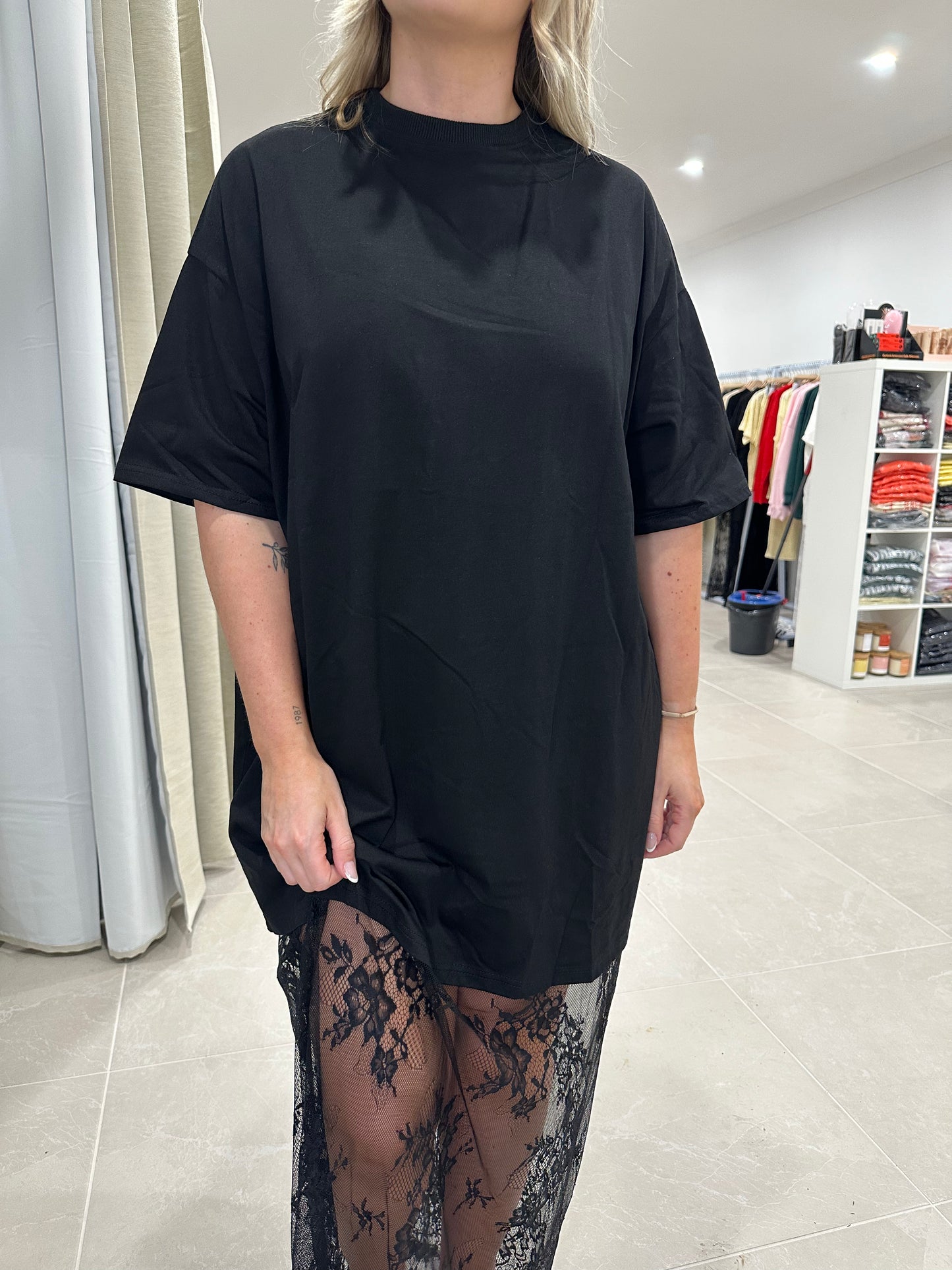 Lace T-Shirt Maxi Dress - Black