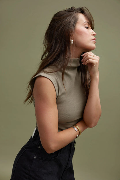 Liv High Neck Rib Top - Fawn