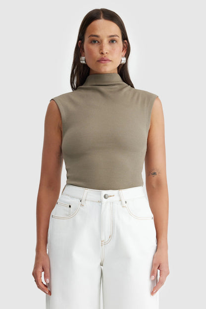 Liv High Neck Rib Top - Fawn