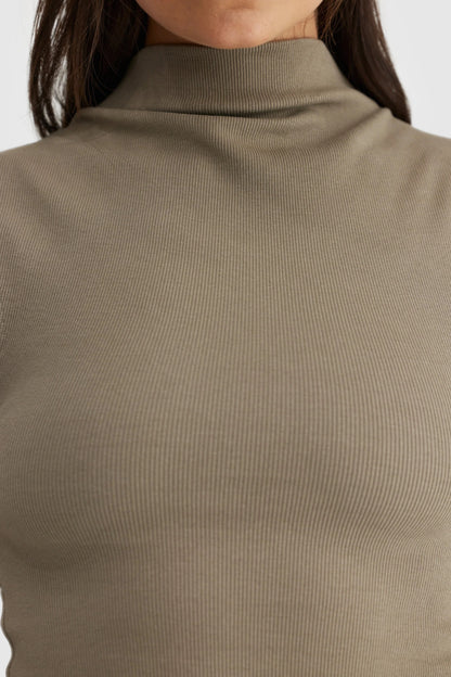 Liv High Neck Rib Top - Fawn