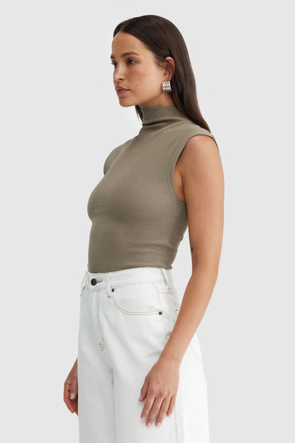Liv High Neck Rib Top - Fawn
