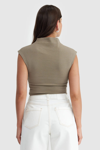 Liv High Neck Rib Top - Fawn