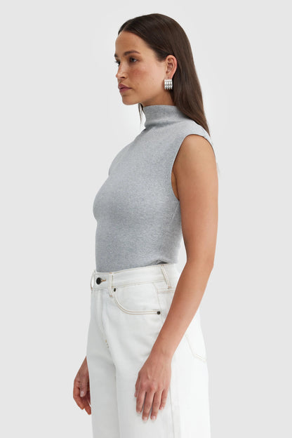 Liv High Neck Rib Top - Grey Marle