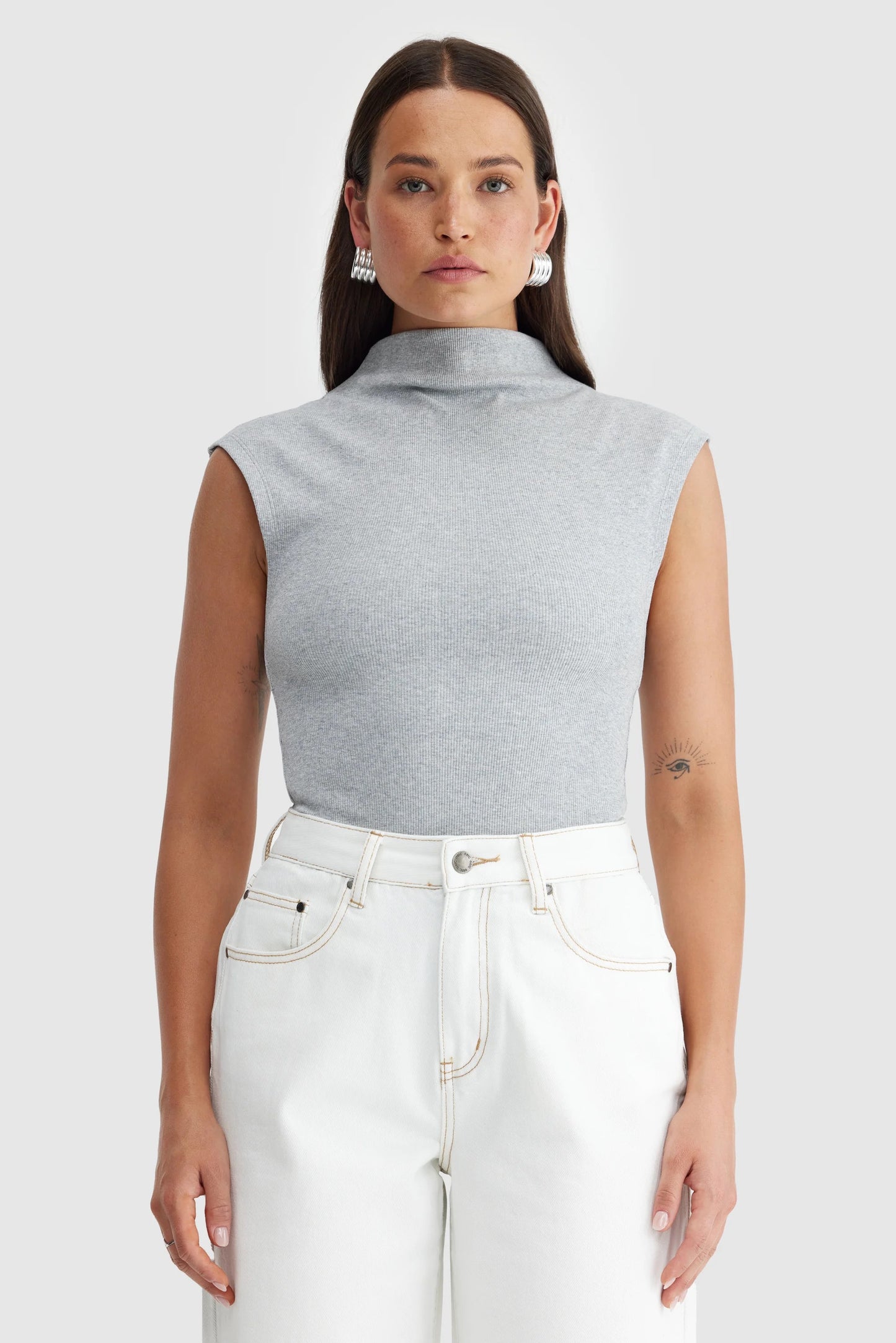 Liv High Neck Rib Top - Grey Marle