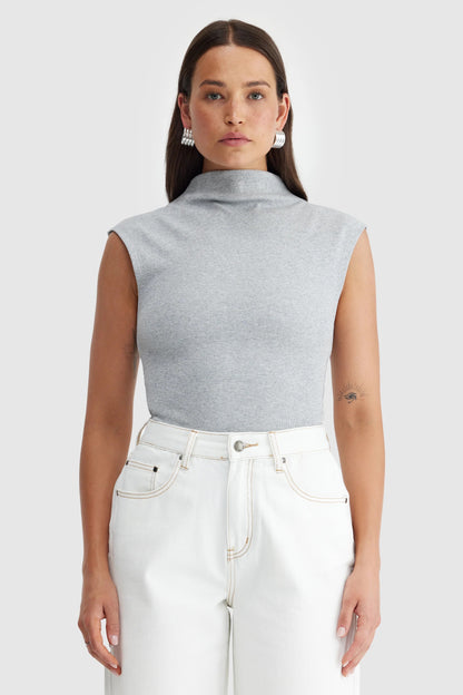 Liv High Neck Rib Top - Grey Marle