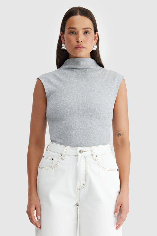 Liv High Neck Rib Top - Grey Marle
