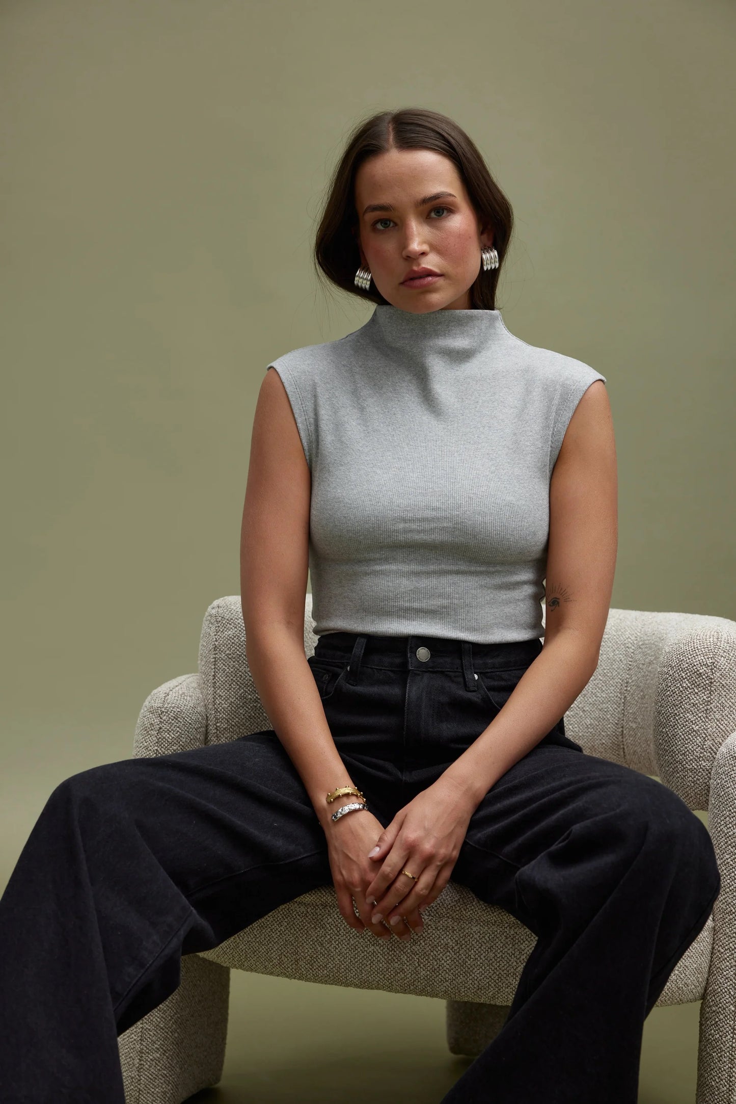 Liv High Neck Rib Top - Grey Marle