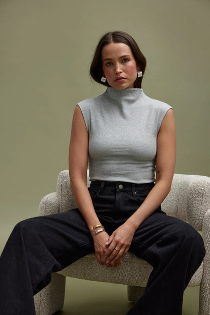 Liv High Neck Rib Top - Grey Marle
