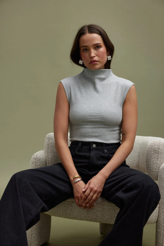 Liv High Neck Rib Top - Grey Marle
