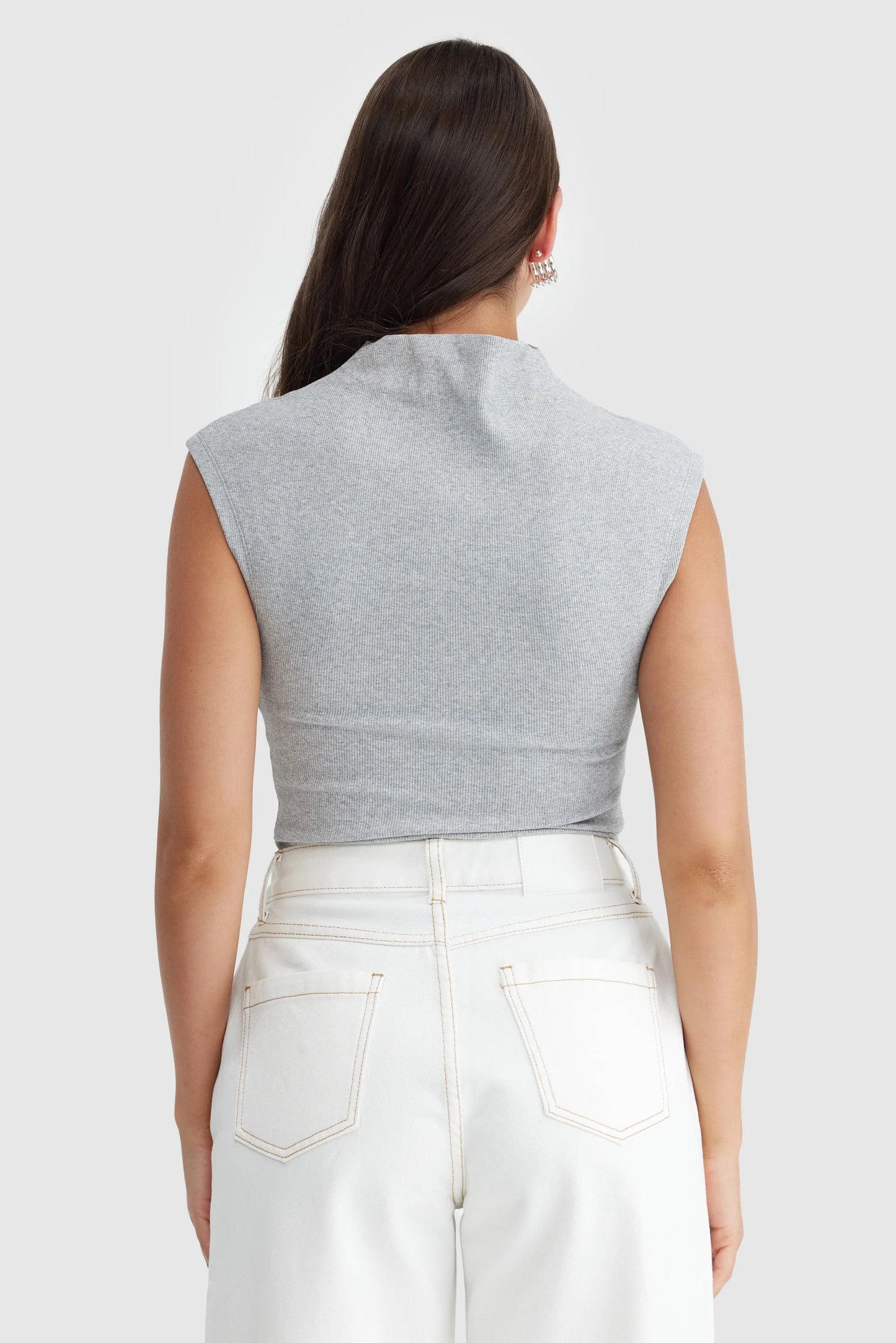 Liv High Neck Rib Top - Grey Marle