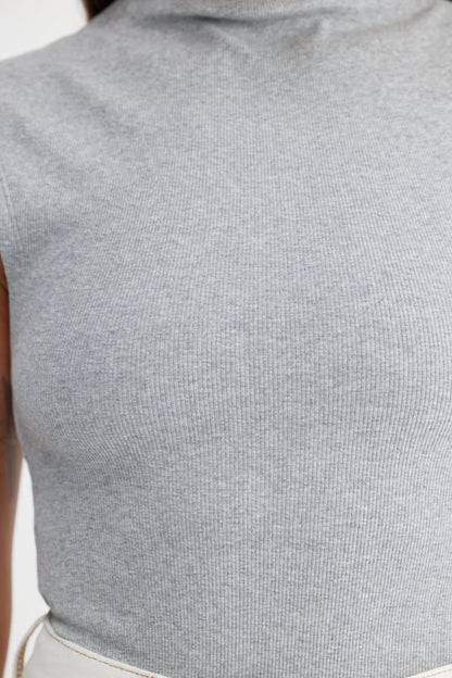 Liv High Neck Rib Top - Grey Marle
