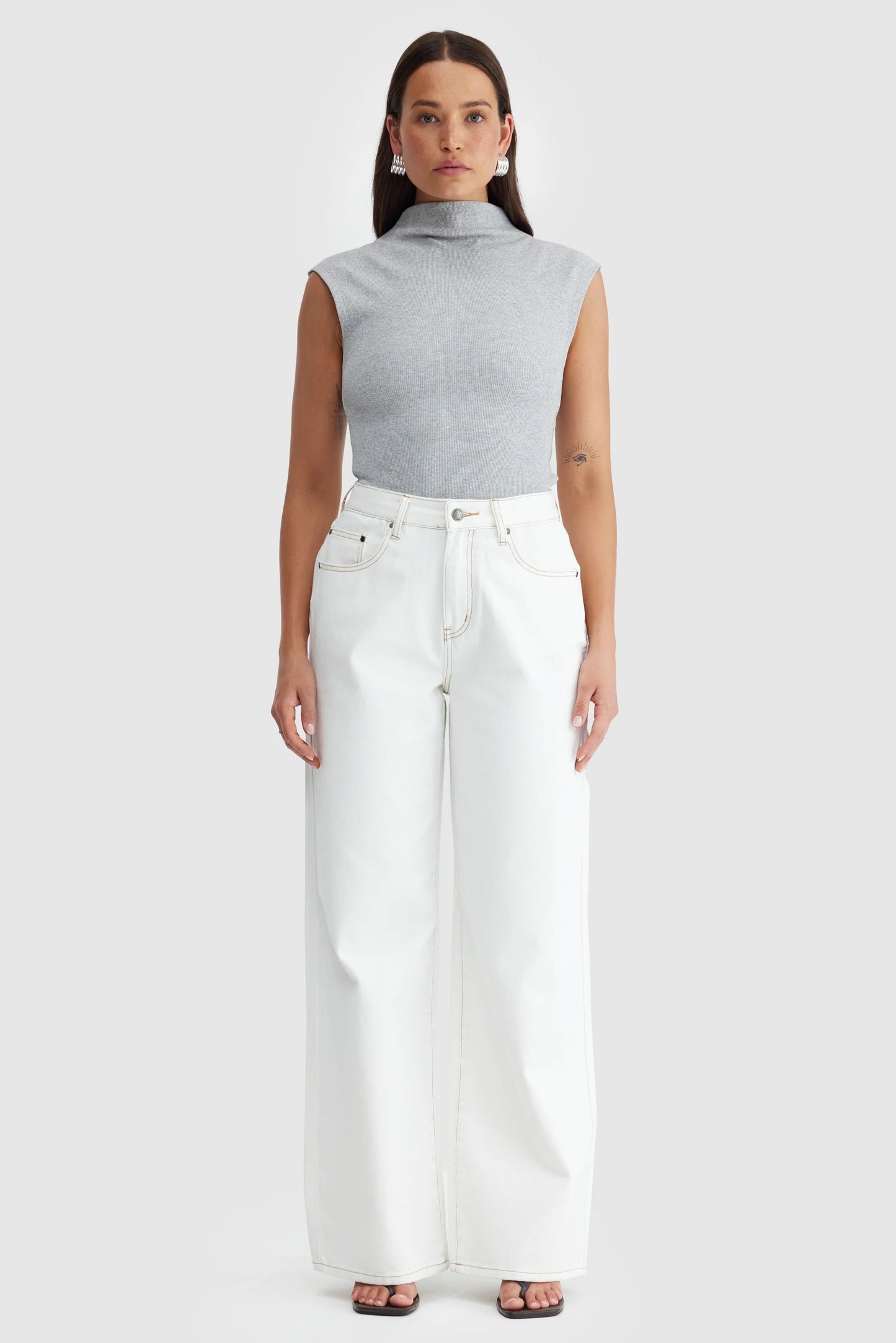 Liv High Neck Rib Top - Grey Marle