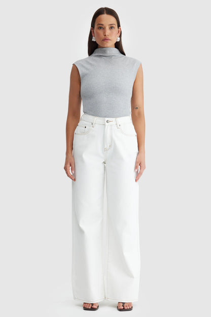 Liv High Neck Rib Top - Grey Marle