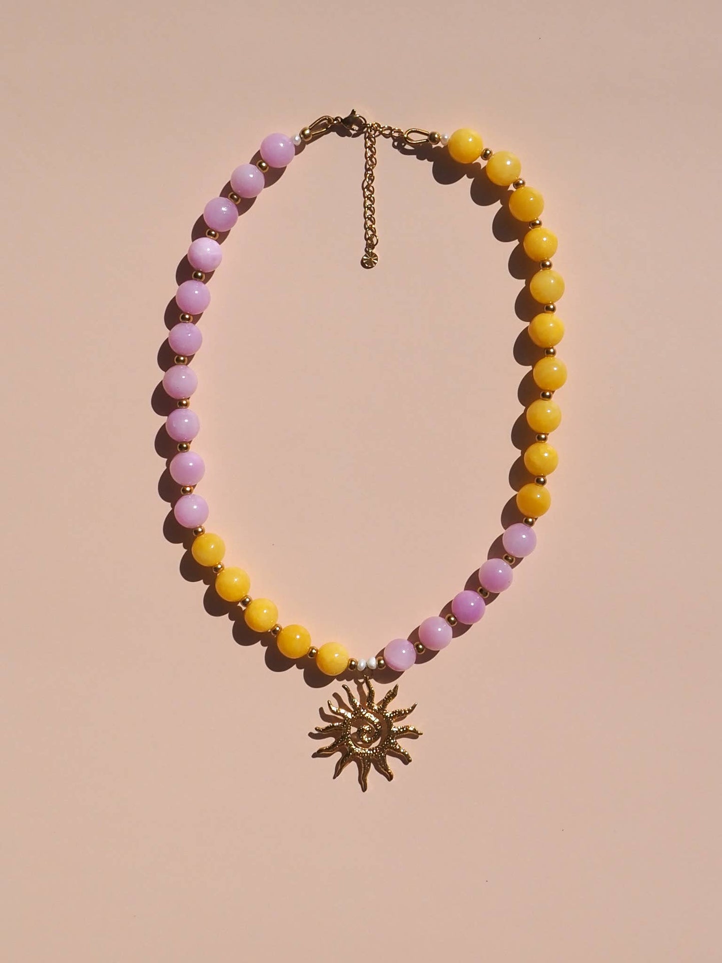 Spiral Sun Pink and Yellow Beaded Gemstone Necklace : (Gold) 18K Gold over Stainless Steel