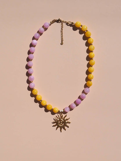 Spiral Sun Pink and Yellow Beaded Gemstone Necklace : (Gold) 18K Gold over Stainless Steel