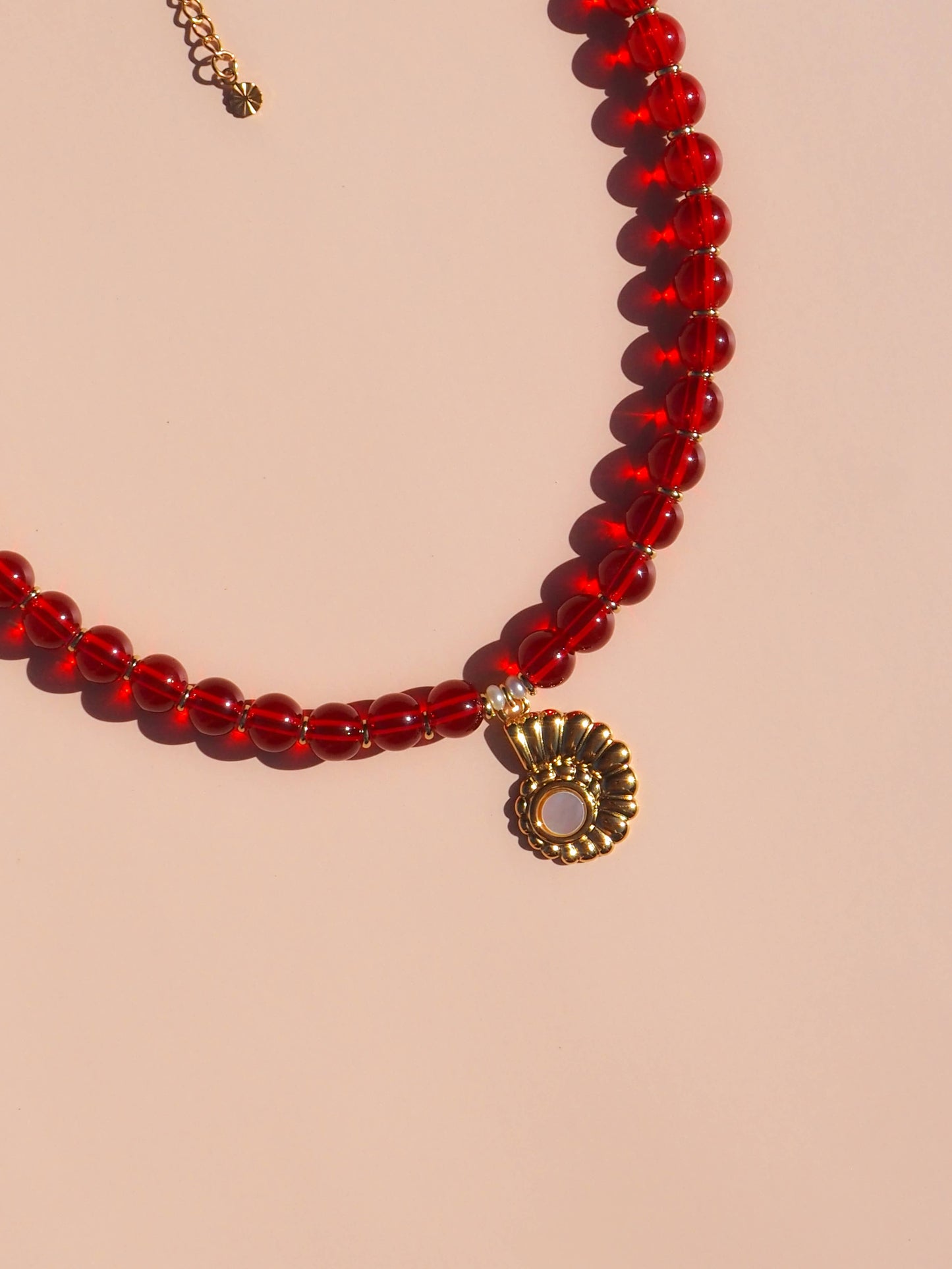 Spiral Shell Mother of Pearl Red Beaded Necklace : (Gold) 18K Gold over Stainless Steel