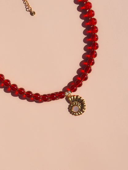 Spiral Shell Mother of Pearl Red Beaded Necklace : (Gold) 18K Gold over Stainless Steel
