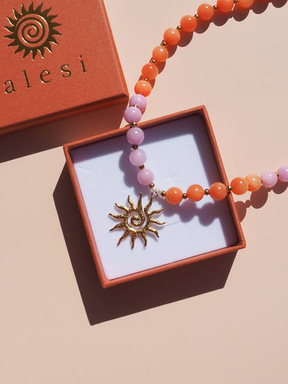 Spiral Sun Pink & Orange Beaded Gemstone Necklace : (Gold) 18K Gold over Stainless Steel