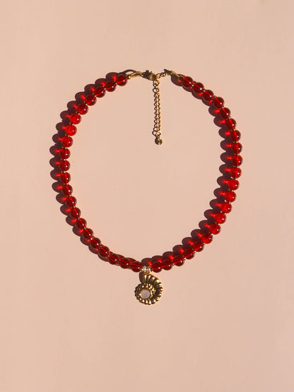 Spiral Shell Mother of Pearl Red Beaded Necklace : (Gold) 18K Gold over Stainless Steel