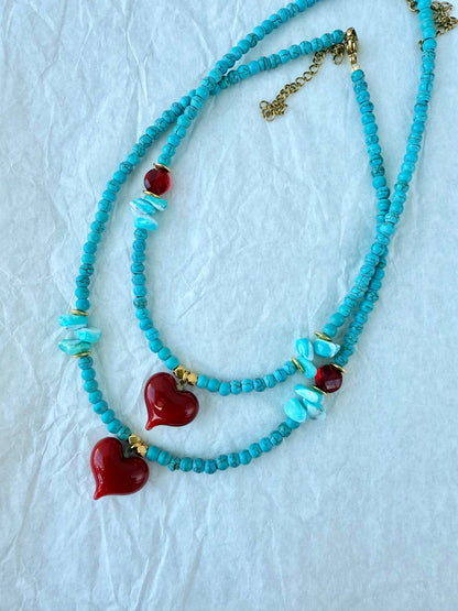 Semiprecious howlite turquoise beads necklace with red heart: Big heart
