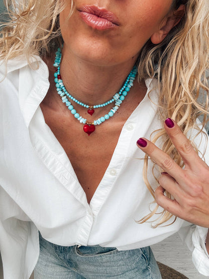Semiprecious howlite turquoise beads necklace with red heart: Small heart