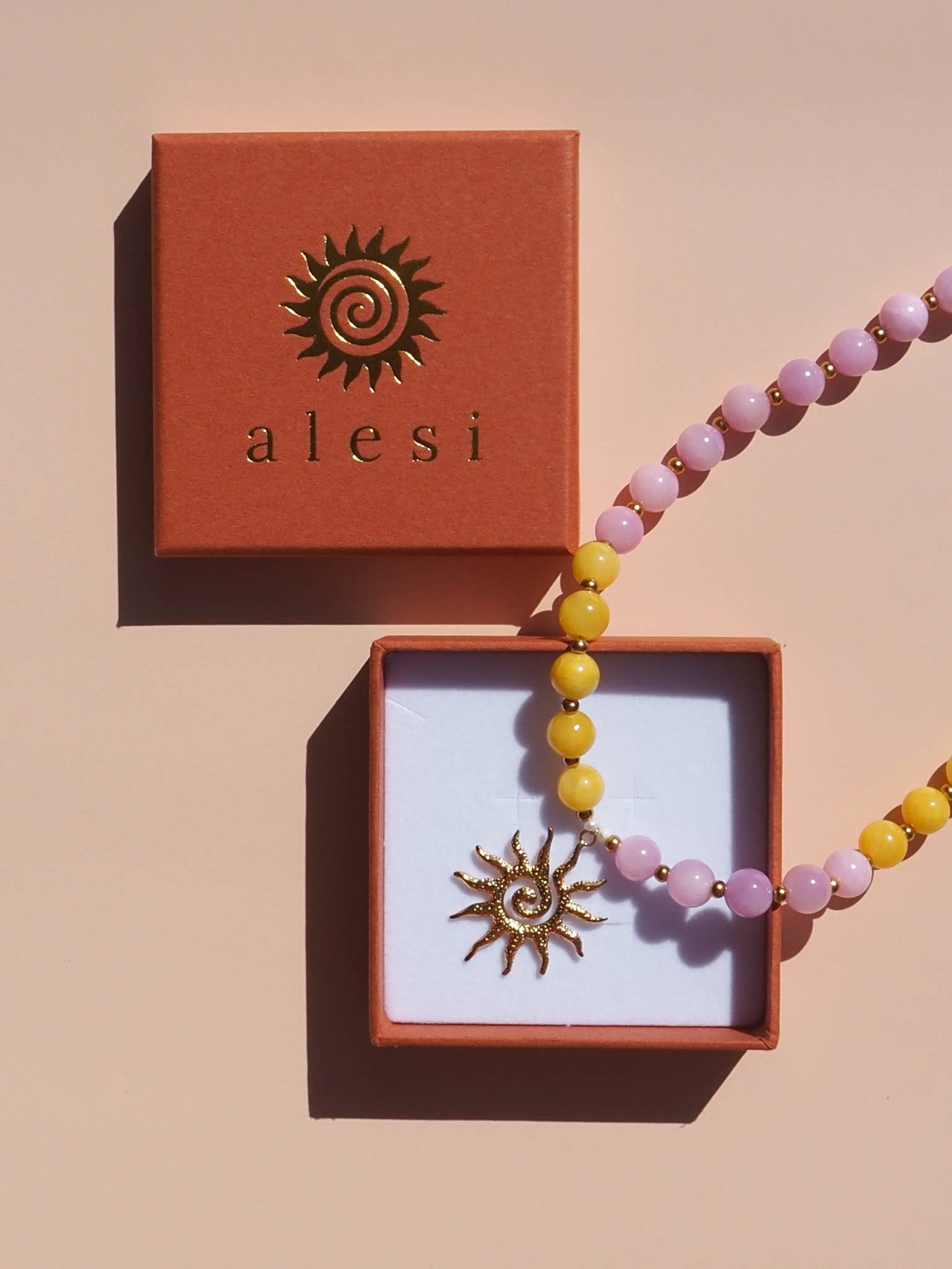 Spiral Sun Pink and Yellow Beaded Gemstone Necklace : (Gold) 18K Gold over Stainless Steel