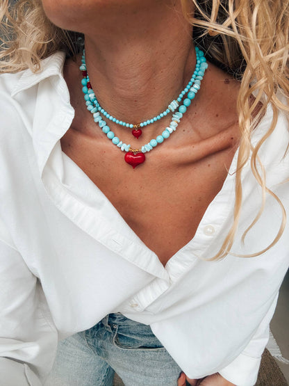 Semiprecious howlite turquoise beads necklace with red heart: Small heart