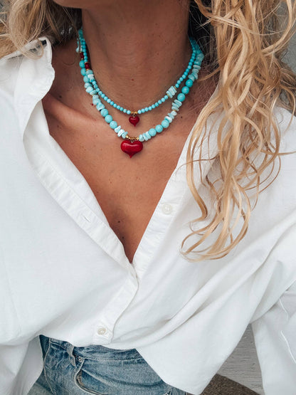 Semiprecious howlite turquoise beads necklace with red heart: Small heart