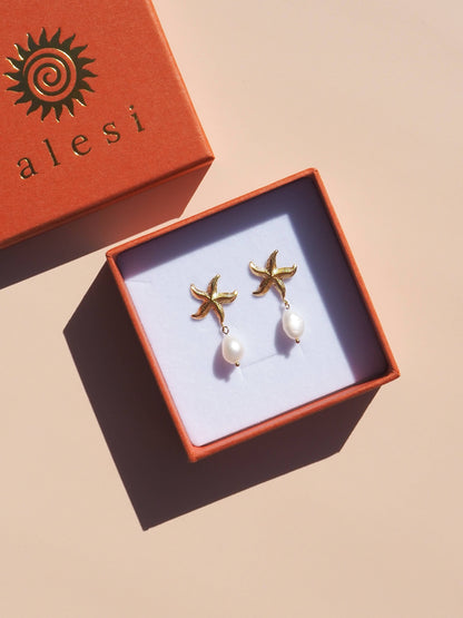 Starfish Freshwater Pearl Earrings 18K Gold