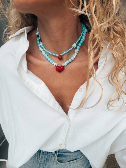 Semiprecious howlite turquoise beads necklace with red heart: Big heart