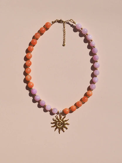 Spiral Sun Pink & Orange Beaded Gemstone Necklace : (Gold) 18K Gold over Stainless Steel