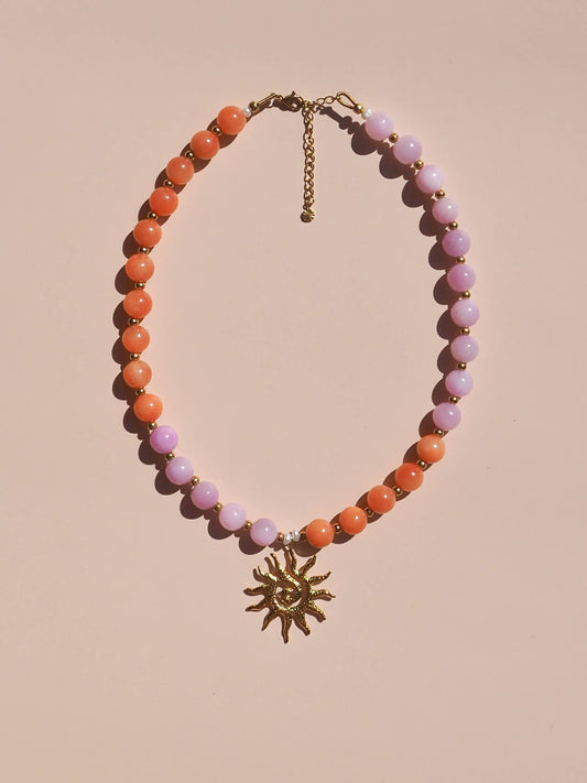 Spiral Sun Pink & Orange Beaded Gemstone Necklace : (Gold) 18K Gold over Stainless Steel
