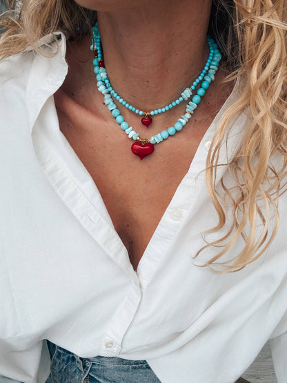 Semiprecious howlite turquoise beads necklace with red heart: Small heart